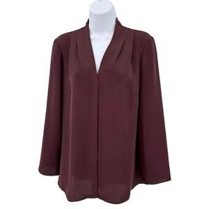 Nic + Zoe Burgundy Long Sleeve Pleated Chiffon Blouse Womens Small V-Neck Hi Low